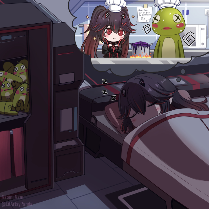 1girl absurdres bed bedroom black_dress black_hair black_jacket chibi closet cooking dreaming dress fake_horns gradient_hair hair_between_eyes hair_ornament highres horns jacket lucia:_plume_(punishing:_gray_raven) microwave multicolored_hair naomi_nami parted_bangs punishing:_gray_raven red_hair sleeping small_horns solo striped stuffed_animal stuffed_frog stuffed_toy sweatdrop twintails under_covers x_hair_ornament zzz