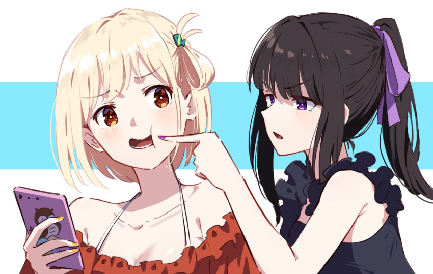 2girls bare_shoulders black_shirt blonde_hair bob_cut cellphone collarbone finger_to_another's_cheek hair_ribbon holding holding_phone hyoe_(hachiechi) inoue_takina looking_at_another lycoris_recoil multiple_girls nishikigi_chisato open_mouth phone ponytail purple_eyes purple_nails purple_ribbon red_eyes red_shirt ribbon shirt short_hair sidelocks smartphone upper_body v-shaped_eyebrows yuri