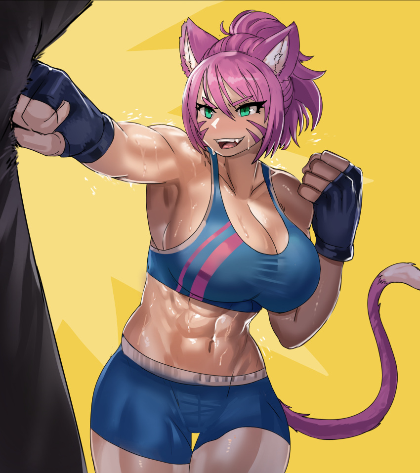 abs absurdres animal_ears boxing cat_ears cat_tail exercise ezzyecchi final_fantasy final_fantasy_xiv flying_sweatdrops green_eyes gym_uniform highres miqo'te muscular muscular_female non-web_source open_mouth pink_hair ponytail punching punching_bag short_hair smile sports_bra sweat tail warrior_of_light_(ff14)