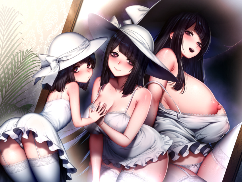 3girls black_hair blush breasts cleavage commentary_request different_reflection dress eatora fern garter_straps hasshaku-sama hat highres huge_breasts large_breasts long_hair looking_at_viewer medium_hair multiple_girls nipples off_shoulder one_breast_out open_mouth original panties pantyshot partial_commentary red_eyes reflection sleeveless sleeveless_dress smile thighhighs underwear white_dress white_headwear white_panties white_thighhighs