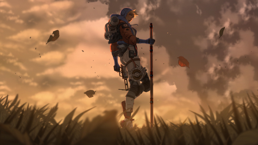 1girl apex_legends ass bangs blonde_hair blue_bodysuit blue_eyes blue_gloves bodysuit breasts cloud cloudy_sky drawstring energy_reader_(apex_legends) english_commentary floating_hair from_side full_body gloves highres holding holding_pole hood hood_down hood_up hooded_jacket ifragmentix jacket leaf looking_at_viewer medium_breasts orange_jacket parted_lips pole ribbed_bodysuit sky smile solo wattson_(apex_legends) white_bodysuit