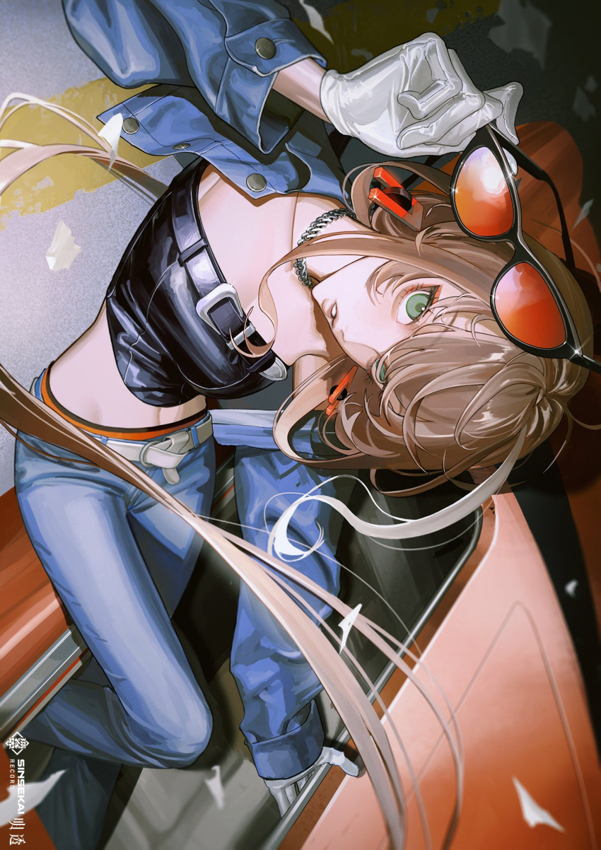 1girl asu_(sinsekai) belt bent_over blue_jacket blue_pants crop_top earrings eyelashes eyeshadow floating_hair gloves green_eyes hair_between_eyes head_tilt highres iamthekingofegg jacket jewelry long_hair looking_at_viewer looking_up makeup necklace orange-tinted_eyewear orange_eyeshadow outdoors pants parted_bangs sidelocks sinsekai_studio solo stomach sunglasses tinted_eyewear train white_belt white_gloves wind window