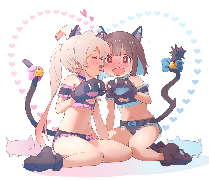 &gt;_&lt; 2girls :d ahoge animal_ear_fluff animal_ears animal_hands arm_garter bare_shoulders bell black_bra black_choker black_footwear black_gloves black_panties blue_bow blue_hair blunt_bangs blunt_ends blush bow bow_panties bra brown_eyes brown_hair cat_ears cat_tail choker claws cleavage_cutout closed_eyes clothing_cutout colored_inner_hair commentary flat_chest flustered frilled_bra frilled_choker frilled_garter frilled_panties frills gloves hand_up heart hozuki_momiji jingle_bell kyarahiba licking licking_another's_cheek licking_another's_face long_hair matching_outfits multicolored_hair multiple_girls navel nose_blush onii-chan_wa_oshimai! open_mouth oyama_mahiro panties paw_gloves paw_pose paw_shoes pink_bow pink_hair short_hair simple_background sitting smile stomach tail tail_bell tail_bow tail_ornament tongue tongue_out twintails two-tone_hair underwear underwear_only very_long_hair wariza wavy_mouth white_background xd yuri