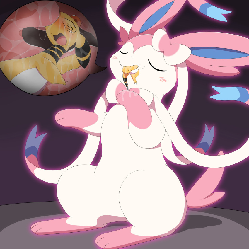 1:1 2023 ampharos belly black_stripes blue_inner_ear blush blush_lines bodily_fluids bow_(anatomy) eeveelution eyes_closed forehead_gem generation_2_pokemon generation_6_pokemon gigantamax_pokemon hi_res licking multicolored_body multicolored_ears multicolored_ribbon nintendo open_mouth parupoke pink_ears pink_paws pink_tail pokemon pokemon_(species) ribbons_(anatomy) saliva saliva_on_hand saliva_on_tongue simple_background stripes sylveon tail tongue tongue_out two_tone_body two_tone_ears two_tone_tail unconscious white_belly white_body yellow_body yellow_ears yellow_tail