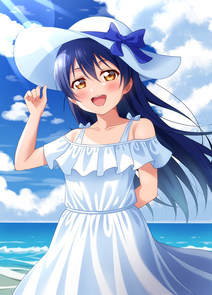 1girl absurdres arm_behind_back bare_arms blue_hair blue_sky blush cloud day dress hair_between_eyes hand_on_headwear haruharo_(haruharo_7315) hat highres long_hair looking_at_viewer love_live! love_live!_school_idol_project open_mouth outdoors sky sleeveless sleeveless_dress smile solo sonoda_umi sundress white_dress yellow_eyes