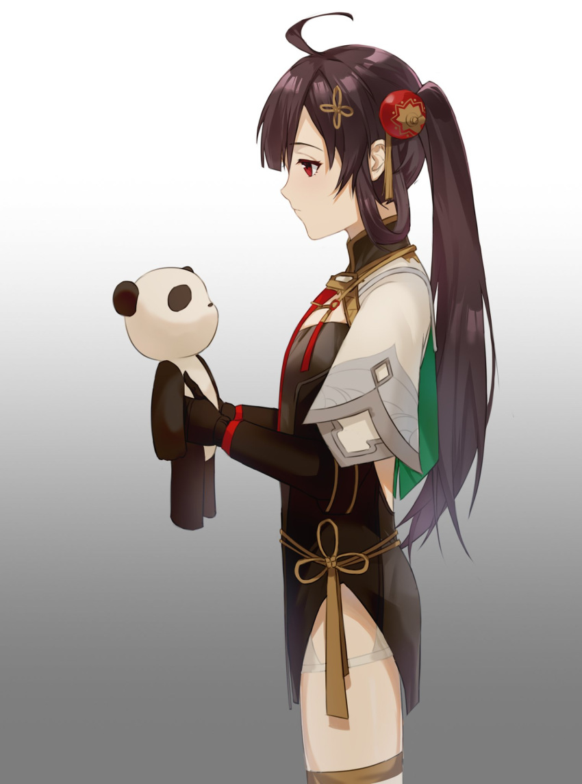 1girl ahoge black_dress brown_hair chinese_clothes doll dress f_orestc_apital from_side grey_hair hair_between_eyes hair_ornament highres holding holding_doll long_hair mechanical_arms pulao:_dragontoll_(punishing:_gray_raven) punishing:_gray_raven red_eyes sad short_sleeves side_ponytail solo stuffed_animal stuffed_panda stuffed_toy thigh_strap