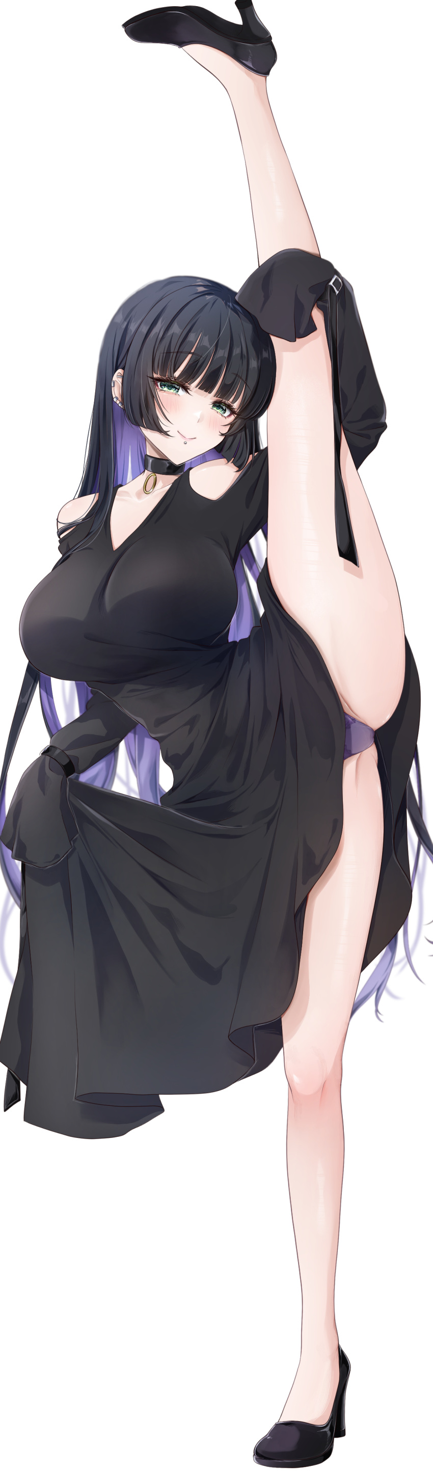 1girl absurdres black_choker black_dress black_footwear black_hair blush bocchi_the_rock! breasts choker closed_mouth collarbone commentary_request dress ear_piercing full_body green_eyes high_heels highres large_breasts long_hair long_sleeves looking_at_viewer mouth_piercing pa-san panties piercing purple_panties sleeves_past_fingers sleeves_past_wrists smile solo split standing standing_on_one_leg standing_split thighs underwear yoru0409