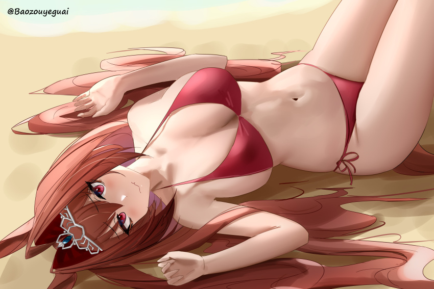 1girl alternate_costume animal_ears baozouyeguai bare_arms bare_shoulders beach bikini blush breasts brown_hair commentary daiwa_scarlet_(umamusume) hair_intakes highres horse_ears horse_girl horse_tail large_breasts long_hair lying navel on_back outdoors red_bikini red_eyes red_hair sand solo stomach swimsuit tail thighs tiara twintails twitter_username umamusume