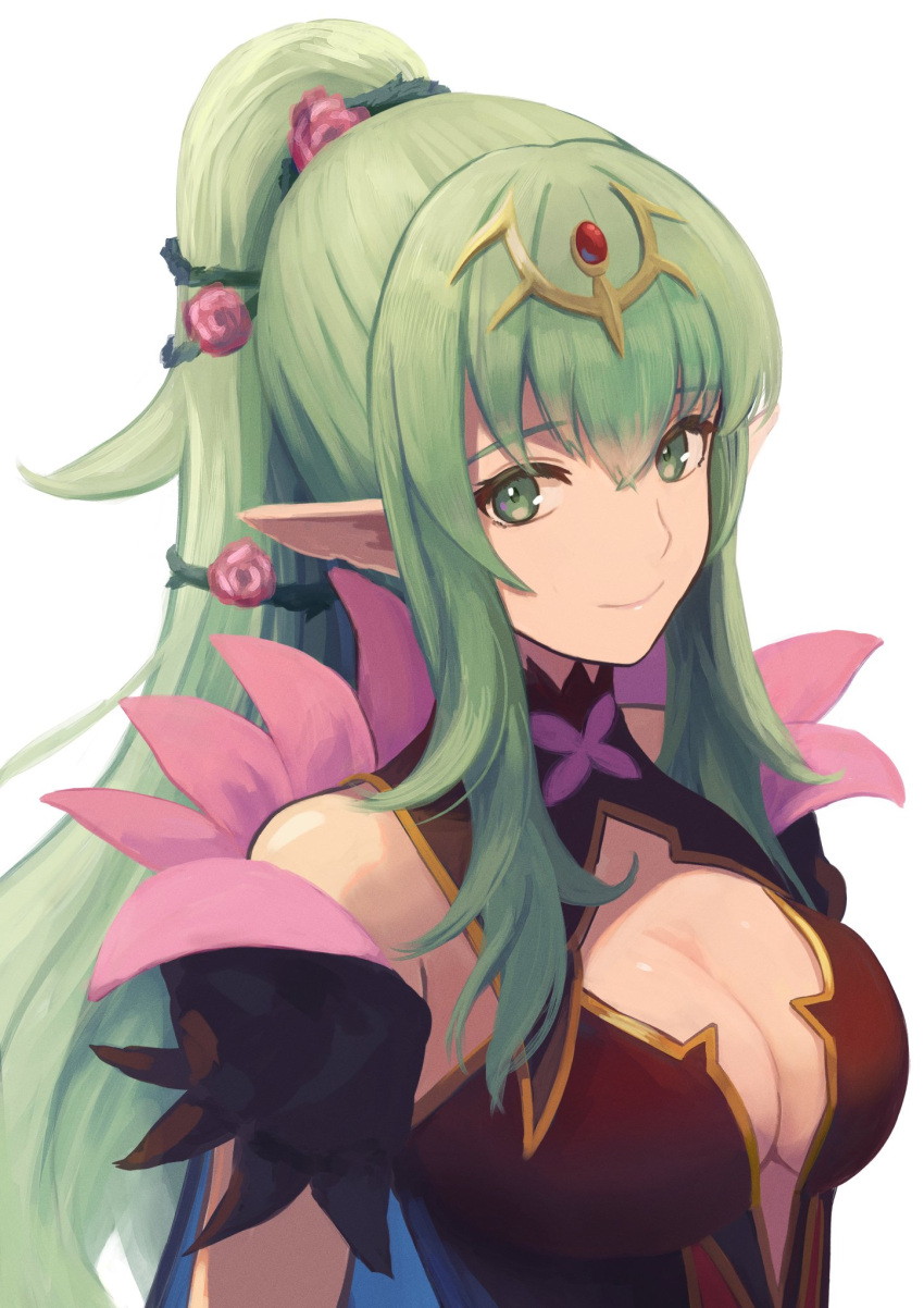 1girl breasts cleavage cleavage_cutout clothing_cutout fire_emblem fire_emblem_awakening fire_emblem_heroes flower green_eyes green_hair highres labebebe_lee large_breasts looking_at_viewer official_alternate_costume pointy_ears tiki_(adult)_(fire_emblem) tiki_(adult)_(resplendent)_(fire_emblem) tiki_(fire_emblem) white_background