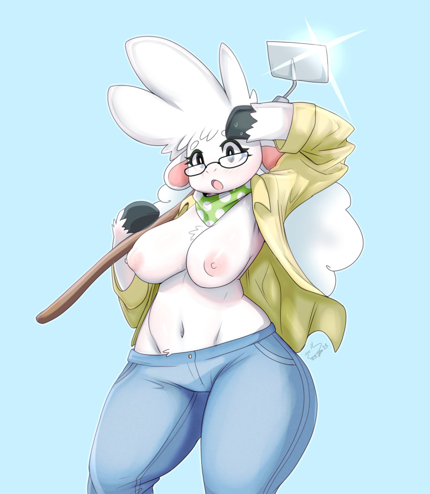 anthro areola bandanna big_breasts big_ears bottomwear bovid breasts caprine casual_exposure chest_tuft clothed clothing crossgender denim denim_clothing eyelashes eyewear female floppy_ears fluffy fur garden_hoe glasses green_bandanna green_kerchief hair hi_res hoe holding_object hooves jaynator1 jaynatorburudragon jeans kerchief long_hair mammal mtf_crossgender mutton_(mutton_chop) navel nipples open_clothing open_mouth open_shirt open_topwear pants polka_dot_clothing polka_dots seat sheep shirt simple_background solo thick_thighs tools topwear tuft white_body white_fur wide_hips wiping_forehead