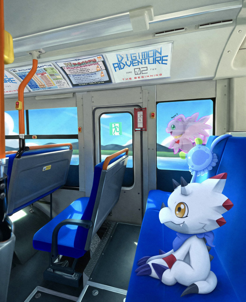 anthro bandai_namco bandanna blue_eyes digimon digimon_(species) digimon_ghost_game duo female gammamon group hi_res horn jellymon kerchief liliana86973943 male marineangemon pink_body scalie seat sitting tentacles train trio vehicle white_body yellow_eyes