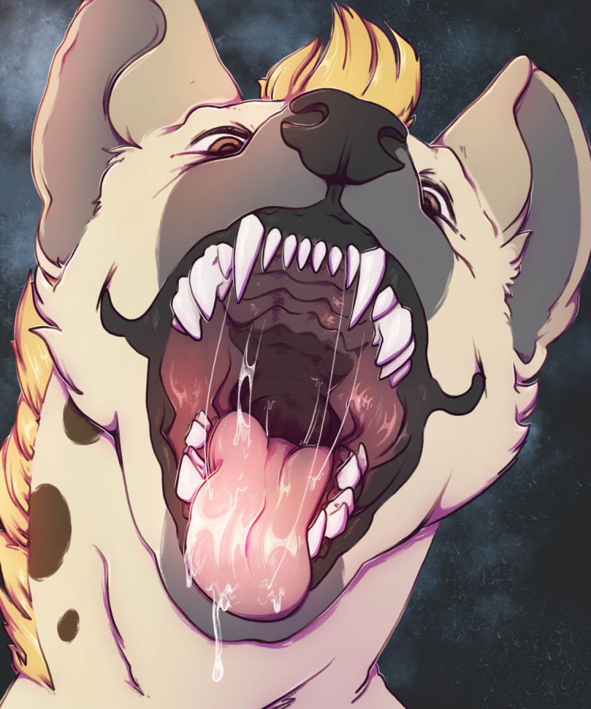 ambiguous_gender black_nose bodily_fluids brown_eyes brown_pupils cheek_tuft facial_tuft fangs feral front_view fur grey_inner_ear hi_res hyena lionfloof looking_at_viewer mammal mouth_shot open_mouth pupils red_tongue saliva saliva_on_tongue saliva_string sharp_teeth solo spots spotted_body spotted_fur spotted_neck tan_body tan_fur teeth tongue tuft