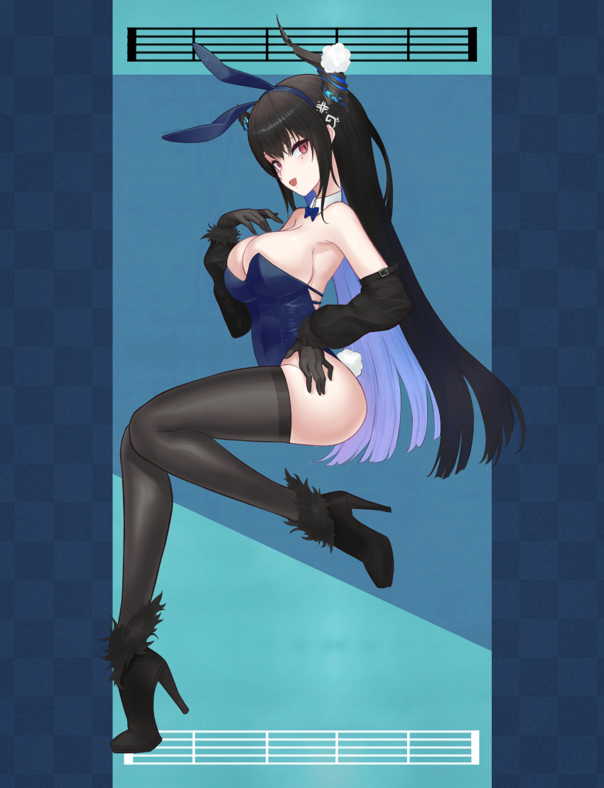 1girl :d absurdres alternate_costume animal_ears asymmetrical_horns black_gloves black_horns black_thighhighs blue_background blue_bow blue_bowtie blue_hairband blue_leotard bow bowtie breasts demon_horns detached_collar detached_sleeves fake_animal_ears from_side full_body gloves hairband hand_on_own_hip high_heels highres hololive hololive_english horns invisible_chair large_breasts leotard long_hair mole mole_under_eye nerissa_ravencroft null_suke open_mouth rabbit_ears red_eyes sitting smile solo staff_(music) thighhighs very_long_hair virtual_youtuber