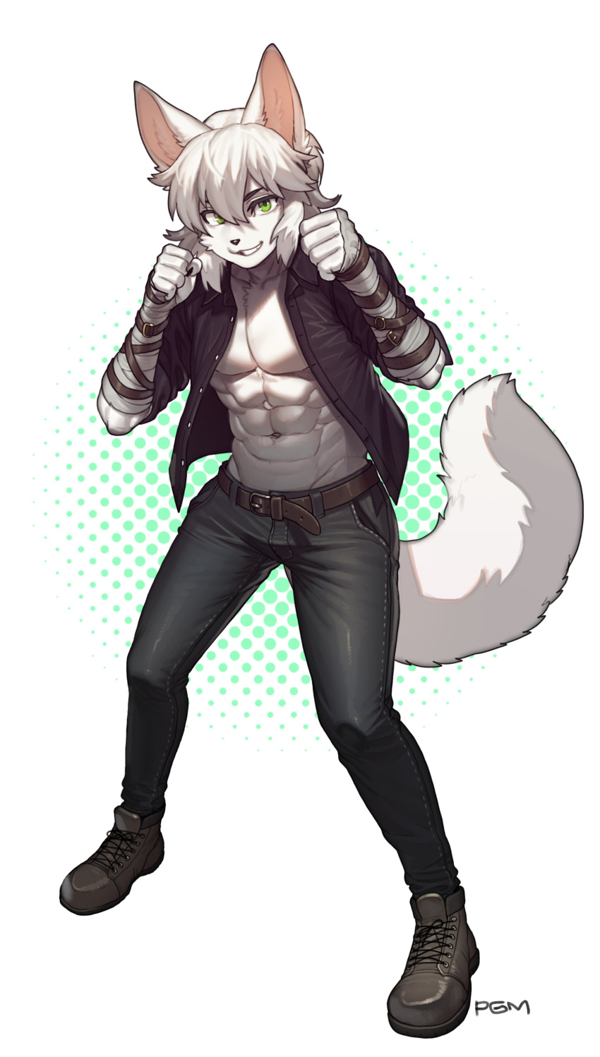 2023 abs absurd_res anthro belt belt_buckle bottomwear canid canine chest_tuft clothed clothing collarbone eyebrows eyelashes footwear fox fur green_eyes hair hand_wraps hi_res looking_at_viewer male mammal muscular navel open_clothing open_shirt open_topwear pants pgm300 pose shirt shoes short_hair smile solo topwear tuft white_body white_fur white_hair wraps
