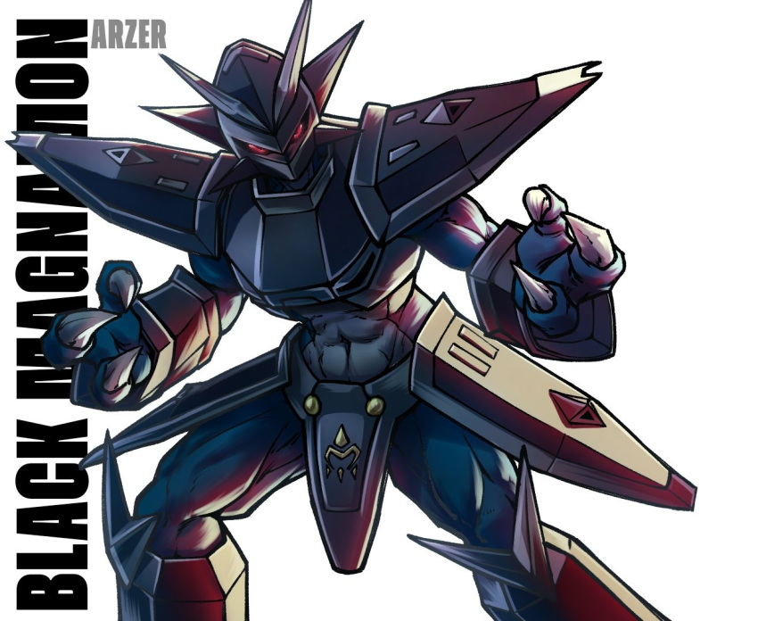 3_fingers ambiguous_gender animal_humanoid anthro armor arzergex_(artist) bandai_namco black_armor blue_body digimon digimon_(species) dragon dragon_humanoid english_text exposed_belly fan_character fingers humanoid looking_at_viewer magnamon magnamon_(black) mask muscular muscular_anthro red_eyes ridgeone1 solo text white_body