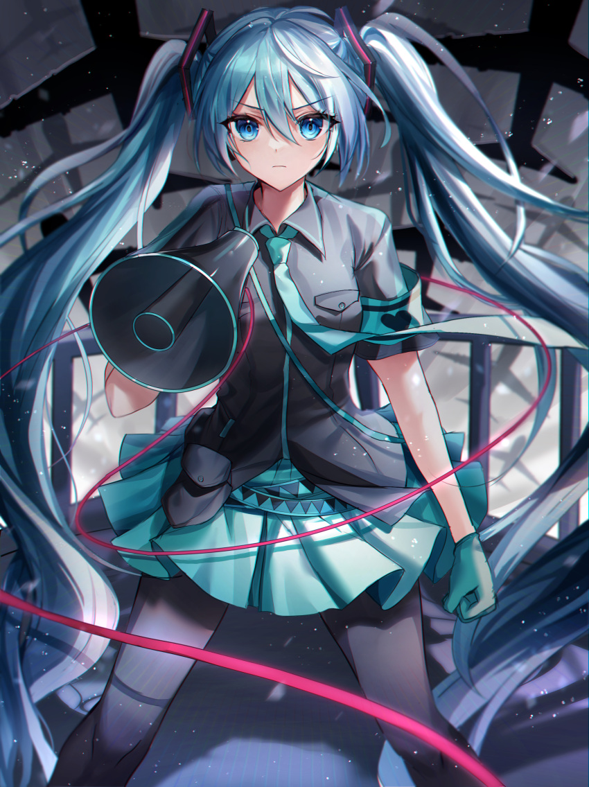 1girl absurdres aqua_gloves aqua_hair aqua_necktie aqua_skirt black_pantyhose black_shirt blue_eyes collar collared_shirt gloves hair_ornament hannahkwok4 hatsune_miku highres koi_wa_sensou_(vocaloid) long_hair looking_at_viewer megaphone necktie pantyhose pleated_skirt ribbon shirt skirt standing vocaloid