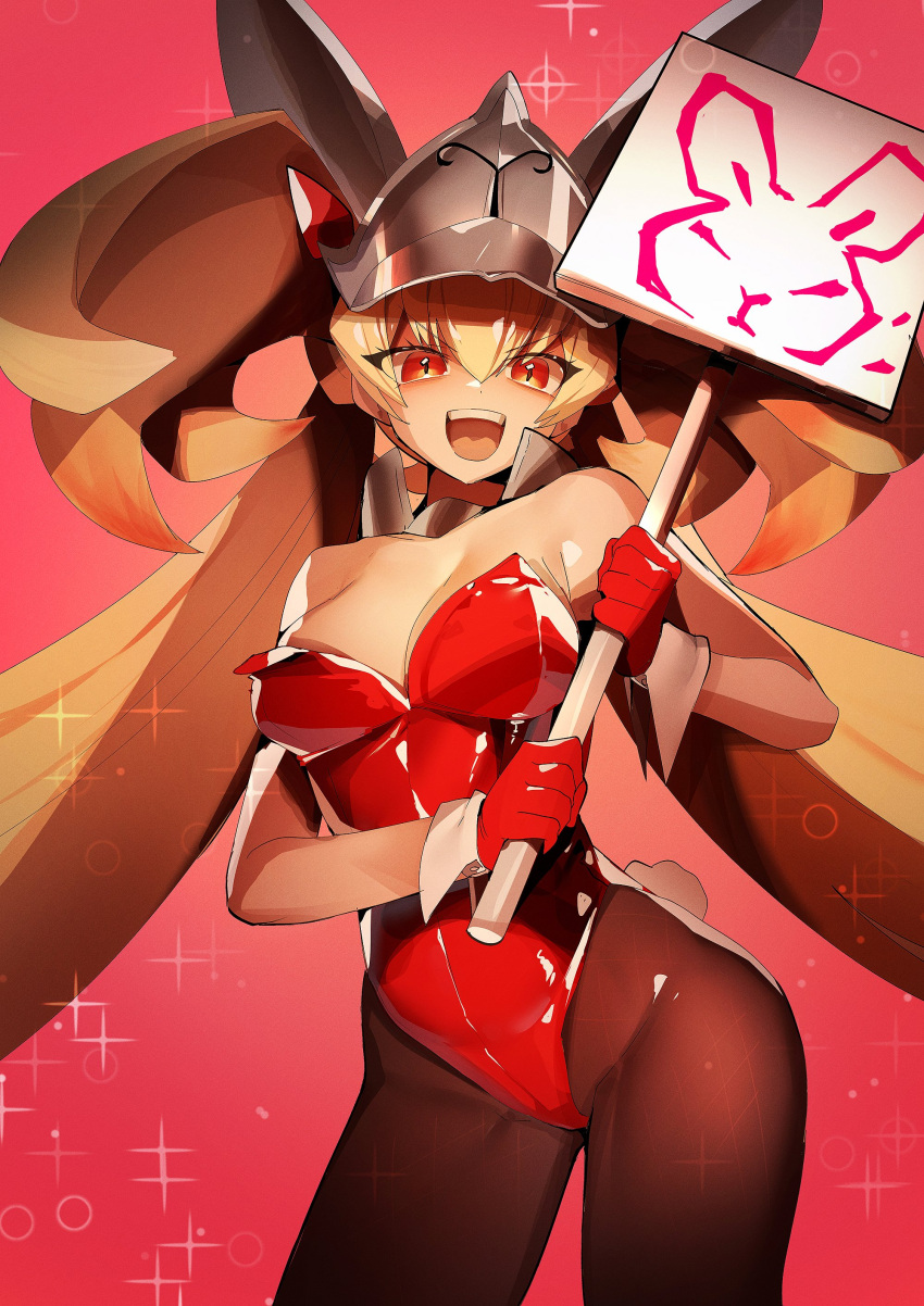 1girl absurdres blonde_hair breasts character_request cleavage duel_monster gloves helmet highres holding holding_sign leotard long_hair open_mouth pantyhose playboy_bunny rabbit_tail red_eyes red_gloves red_leotard ro_g_(oowack) sign solo tail wrist_cuffs yu-gi-oh!