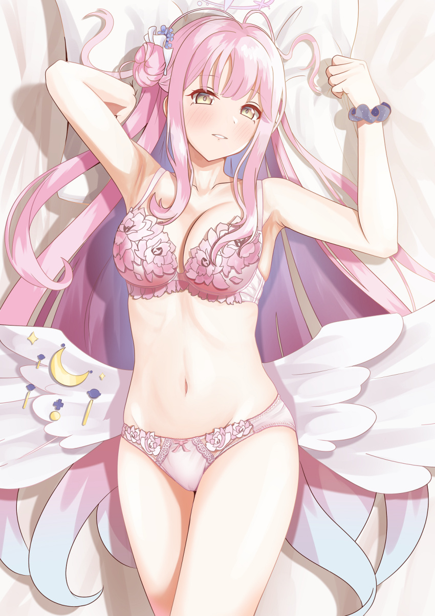 1girl arm_up bed_sheet blue_archive blush bow bow_panties bra breasts cleavage closed_mouth feathered_wings frilled_bra frills from_above hair_bun hair_ornament half-closed_eyes halo hand_in_own_hair highres lace-trimmed_panties lace_trim large_breasts long_hair looking_at_viewer low_wings lying mika_(blue_archive) navel on_back on_bed panties pink_bra pink_hair pink_panties scrunchie single_side_bun smile solo underwear underwear_only white_wings wings wrist_scrunchie yellow_eyes zuki