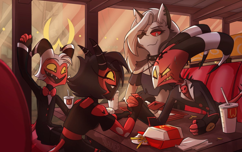 anthro blitzo_(helluva_boss) canid canid_demon canine competition demon female food group hellhound helluva_boss humanoid loona_(helluva_boss) male mammal millie_(helluva_boss) mlavieer moxxie_(helluva_boss) red_body red_eyes red_skin yellow_eyes