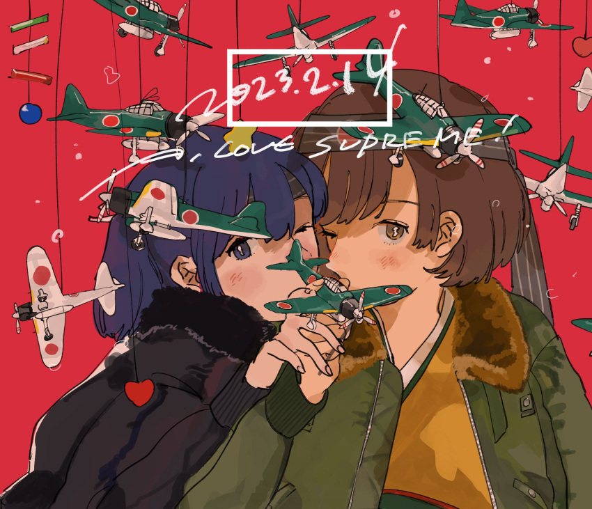 2girls 3107_(satona) aircraft black_jacket blue_eyes blue_hair bomber_jacket brown_eyes brown_hair dated e16a_zuiun fur-trimmed_jacket fur_trim green_jacket headband highres hiryuu_(kancolle) holding jacket japanese_clothes kantai_collection long_sleeves looking_at_viewer multiple_girls one_eye_closed open_clothes open_jacket red_background short_hair simple_background souryuu_(kancolle) upper_body