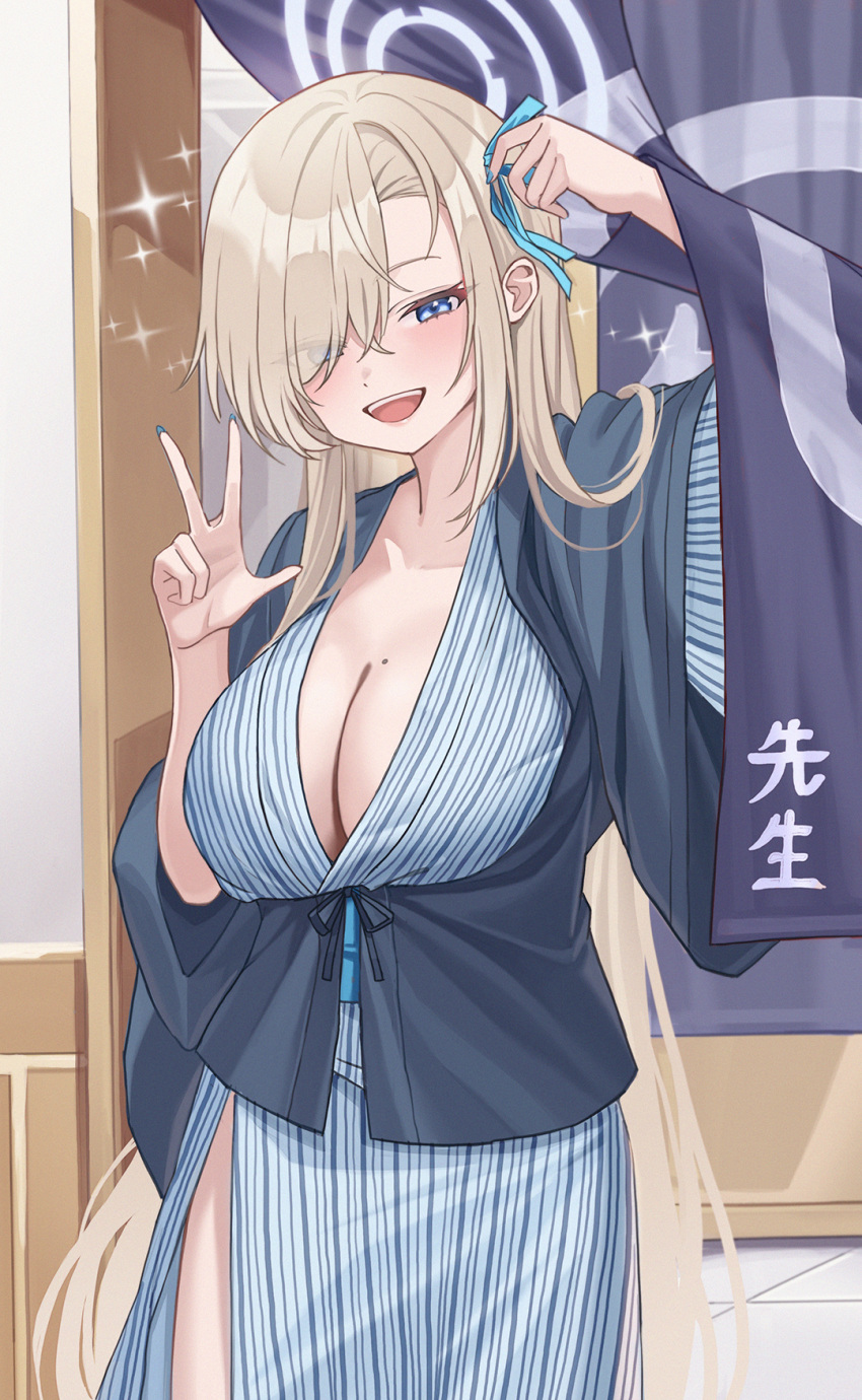 1girl :d arm_up asuna_(blue_archive) blonde_hair blue_archive blue_eyes blue_ribbon breasts cleavage commentary_request cowboy_shot hair_ribbon hand_up highres japanese_clothes kimono large_breasts long_hair looking_at_viewer o-los open_mouth ribbon smile solo sparkle standing w