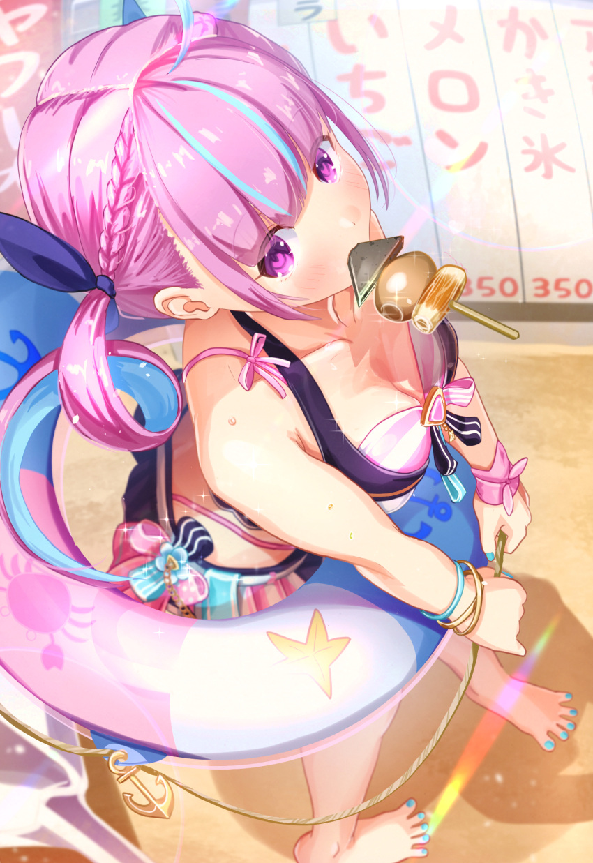 1girl ahoge aiuabo armpit_crease barefoot bikini bikini_skirt blue_hair blue_nails blush bow bracelet braid breasts cleavage collarbone colored_inner_hair feet food_in_mouth frilled_bikini frills full_body highres hololive hololive_summer_2023_swimsuit innertube jewelry large_breasts long_hair looking_at_viewer minato_aqua mouth_hold multicolored_bikini multicolored_clothes multicolored_hair nail_polish outdoors pink_eyes pink_hair sand solo spread_toes standing streaked_hair striped striped_bow swimsuit toenail_polish toenails toes twintails two-tone_hair virtual_youtuber