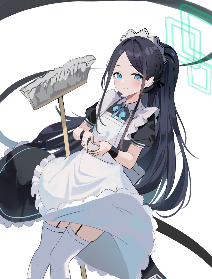1girl absurdly_long_hair absurdres apron aris_(blue_archive) aris_(maid)_(blue_archive) black_hair black_wristband blue_archive blue_eyes blue_halo blush frilled_apron frills garter_straps green_halo halo highres holding holding_mop long_hair maid maid_apron maid_headdress mop official_alternate_costume sencho_(whtv8535) simple_background smile thighhighs very_long_hair white_apron white_thighhighs