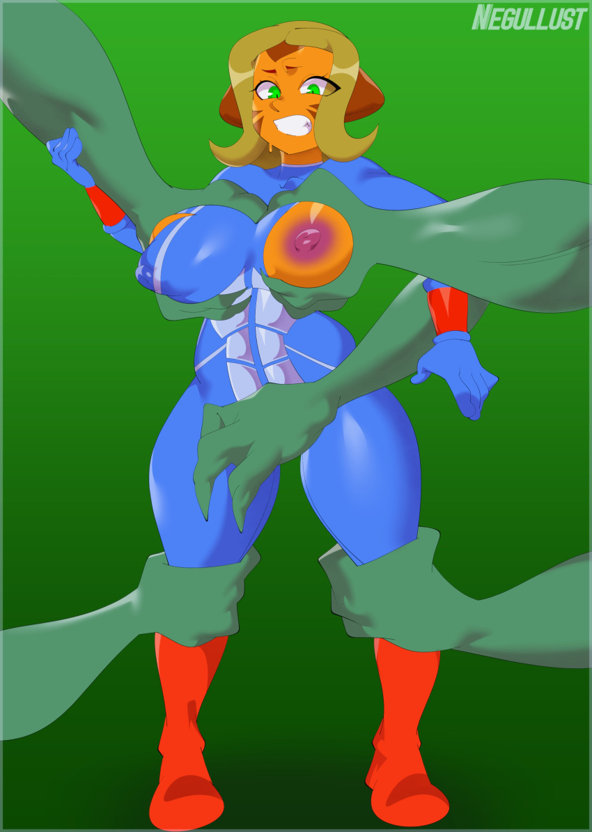 absurd_res alien anthro big_breasts blonde_hair bob_cut bodily_fluids bodysuit boots bound breast_grab breasts clawed_fingers clenched_teeth clixsposing_kitraandra clothing cuffs_(clothing) felid female fondling footwear green_eyes grope groping_breasts hair hand_on_breast hi_res humanoid humanoid_pointy_ears kitraandra leg_grab mammal multi_ear muscular negullust pantherine pointy_and_animal_ears pupils scared simple_background skinsuit slit_pupils solo stressed sweat teeth thick_thighs tiger tight_clothing torn_clothing varkeeg