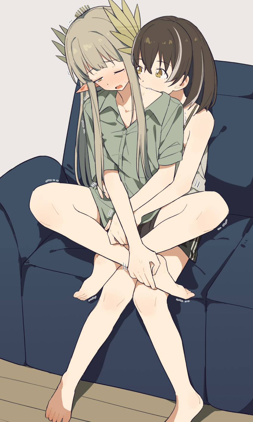 2girls absurdres arknights biting black_shorts blush brown_hair coldcat. collared_shirt commentary_request couch crossed_legs ear_blush green_shirt half-closed_eyes highres indian_style laurels long_hair magallan_(arknights) medium_hair mole mole_under_eye muelsyse_(arknights) multiple_girls neck_biting on_couch one_eye_closed pointy_ears second-party_source shirt short_sleeves shorts sidelocks sitting sitting_on_lap sitting_on_person trembling yellow_eyes yuri