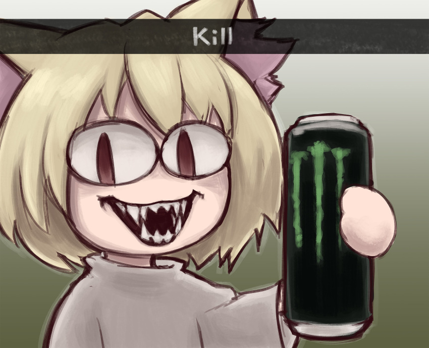 :3 absurd_res animal_humanoid beverage blonde_hair cat_humanoid cat_smile clothing energy_drink fangs felid felid_humanoid feline feline_humanoid felis female gradient_background green_background grey_background hair hi_res holding_beverage holding_object humanoid inner_ear_fluff kill_(meme) light_body light_skin mammal mammal_humanoid monster_energy neco-arc neco_spirit open_mouth open_smile pupils red_ear_fluff red_pupils shaded sharp_teeth shrums simple_background sinister_smile slit_pupils smile solo sweater teeth text topwear tsukihime tuft type-moon white_clothing white_sweater white_topwear