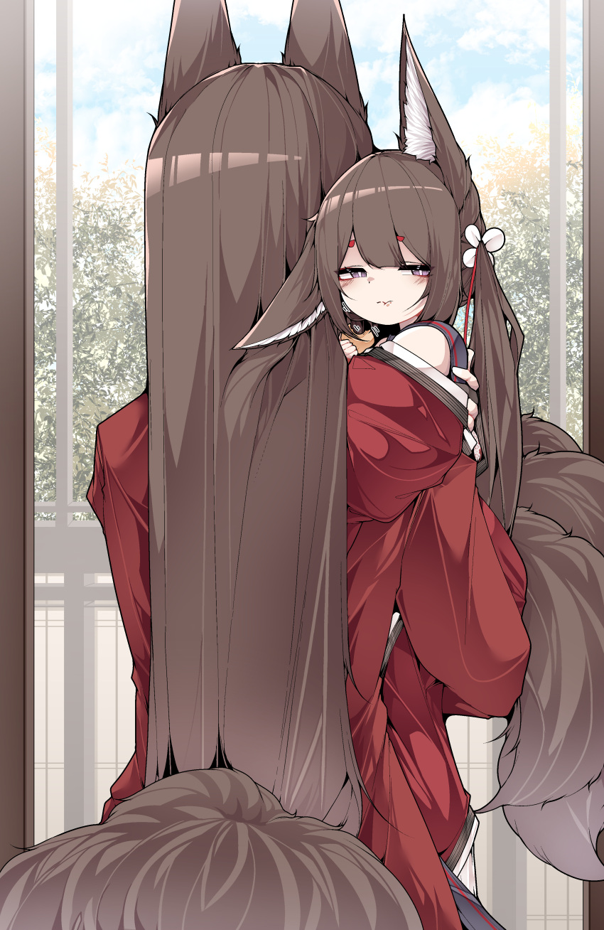 2girls absurdres age_difference aged_down amagi-chan_(azur_lane) amagi_(azur_lane) animal_ear_fluff animal_ears azur_lane blue_sky blunt_bangs brown_hair carrying carrying_person closed_mouth cloud cloudy_sky cookie dated_commentary dual_persona ear_down english_commentary flower food food_bite food_on_face fox_ears fox_girl fox_tail from_behind hair_flower hair_ornament hand_on_another's_back highres holding holding_food indoors japanese_clothes kimono kitsune kyuubi long_hair looking_at_viewer multiple_girls multiple_tails purple_eyes red_kimono samip sidelocks sky tail thick_eyebrows tree twintails window