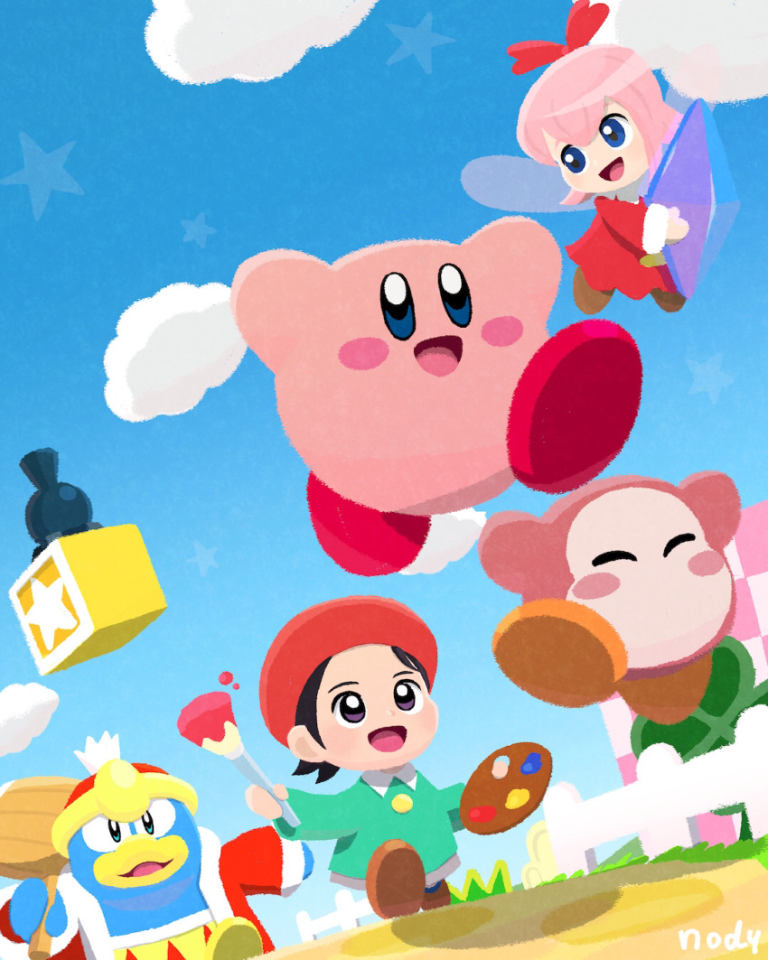 2girls adeleine closed_eyes cloud crystal_shard fairy fairy_wings hammer highres holding holding_hammer holding_paintbrush king_dedede kirby kirby_(series) kirby_64 multiple_girls nody_(nody_lowmoo) open_mouth paintbrush palette_(object) red_ribbon ribbon ribbon_(kirby) shotzo signature smile solid_oval_eyes star_(symbol) waddle_dee wings