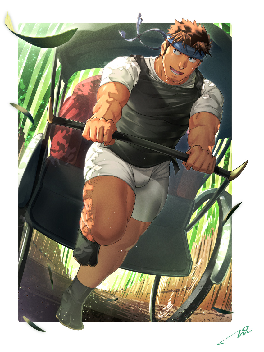 1boy absurdres apron bamboo bamboo_forest bara black_apron bulge facial_hair forest from_below full_body goatee headband highres large_pectorals leg_hair male_focus muscular muscular_male nature original pectorals pulling rickshaw rickshaw_puller_cosplay running shirt short_hair shorts smile solo sunlight sweat tepen_(tptptpn) thick_thighs thighs white_shirt white_shorts