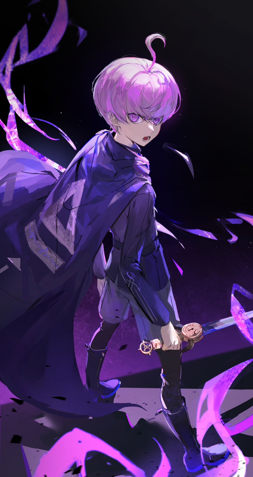 1boy absurdres ahoge binxngchng1 boots cape dark_background from_behind full_body grey_shorts highres holding holding_sword holding_weapon jacket keyhole legs_apart long_sleeves looking_at_viewer male_focus master_detective_archives:_rain_code open_mouth purple_cape purple_eyes purple_hair purple_jacket short_hair shorts solo standing sword weapon yuma_kokohead