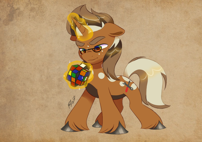 absurd_res annoyed_expression cutie_mark equid equine eyewear fan_character feral fur furrowed_eyebrows glasses green_eyes haruh_ink hasbro hi_res horn horse macchiato_(231er34) magic male mammal multicolored_body multicolored_fur my_little_pony rubik's_cube solo spots unicorn
