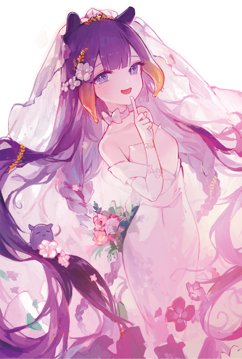 1girl absurdly_long_hair alternate_costume blue_eyes blunt_bangs breasts bridal_veil bride center-flap_bangs commentary dress fang finger_to_mouth flower gradient_hair hair_flower hair_ornament happyongdal highres hololive hololive_english index_finger_raised long_dress long_hair looking_at_viewer mole mole_under_eye multicolored_hair ninomae_ina'nis open_mouth orange_hair pencil_dress purple_hair shawl shushing sidelocks simple_background small_breasts solo strapless strapless_dress takodachi_(ninomae_ina'nis) tentacle_hair veil very_long_hair virtual_youtuber wedding_dress white_background white_dress