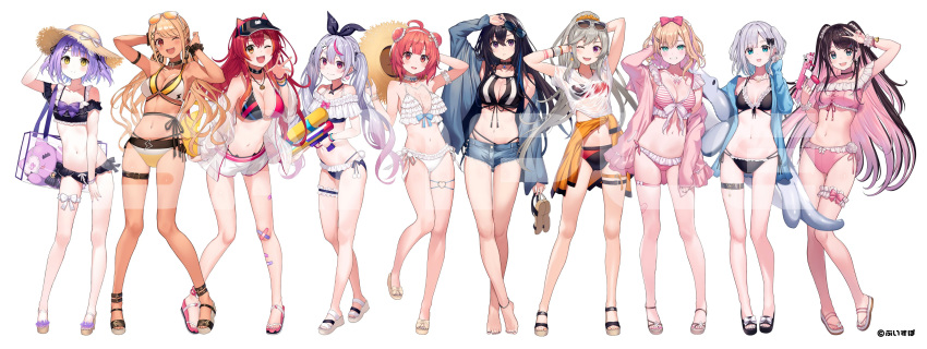 4girls absurdres ankle_strap anklet arm_strap arm_up armband arms_up bag bandaid bandaid_on_knee bandaid_on_leg bandaid_on_thigh bare_arms bare_legs bare_shoulders barefoot bikini bikini_under_clothes black_bikini black_hair black_nails black_ribbon blonde_hair blue_bow blue_jacket blue_stripes bow bow_choker bow_hairband bow_swimsuit breasts bridal_garter butterfly_necklace butterfly_ornament choker colored_inner_hair comiket_102 crossed_bangs cut_bangs double_bun ear_piercing earrings eyewear_on_head eyewear_removed frilled_armband frilled_bikini frilled_choker frilled_straps frilled_wristband frills front-tie_bikini_top front-tie_top gradient_hair green_eyes grey_hair hair_between_eyes hair_bow hair_bun hair_ornament hair_ribbon hairband hairclip hat hat_bow hat_removed hat_with_ears headwear_removed heart heart_tattoo highleg highleg_bikini highres holding holding_clothes holding_hat holding_removed_eyewear holding_sandals holding_water_gun holding_weapon ichinose_uruha jacket jewelry kaga_nazuna kaga_sumire kaminari_qpi komori_met kurebayashi_noe kurumi_noah large_breasts leg_tattoo long_hair long_sleeves looking_at_viewer medium_breasts multicolored_hair multiple_girls navel necklace nekota_tsuna o-ring o-ring_thigh_strap off-shoulder_bikini off_shoulder official_alternate_costume official_art orange_eyes orange_nails pendant piercing pink_bikini pink_bow pink_hair plastic_bag purple_bow purple_eyes purple_hair rabbit_hair_ornament rabbit_tail red_eyes red_hair ribbon ribbon-trimmed_bikini sandals see-through see-through_jacket see-through_shirt see-through_sleeves shinomiya_runa shirt short_hair short_shorts shorts side-tie_bikini_bottom simple_background small_breasts smile speech_bubble spiked_ear_piercing standing stomach strap straw_hat string_bikini striped striped_bikini stuffed_animal stuffed_cat stuffed_toy sun_hat sunglasses swimsuit swimsuit_cover-up swimsuit_under_clothes tachi-e tail tankini tattoo thigh_bow thigh_strap thighlet tosaki_mimi two-tone_hair two_side_up virtual_youtuber vspo! waist_ribbon water_gun watermark weapon wet wet_clothes wet_shirt white_background white_ribbon wristband x_hair_ornament yellow_bikini yellow_eyes yumeno_akari