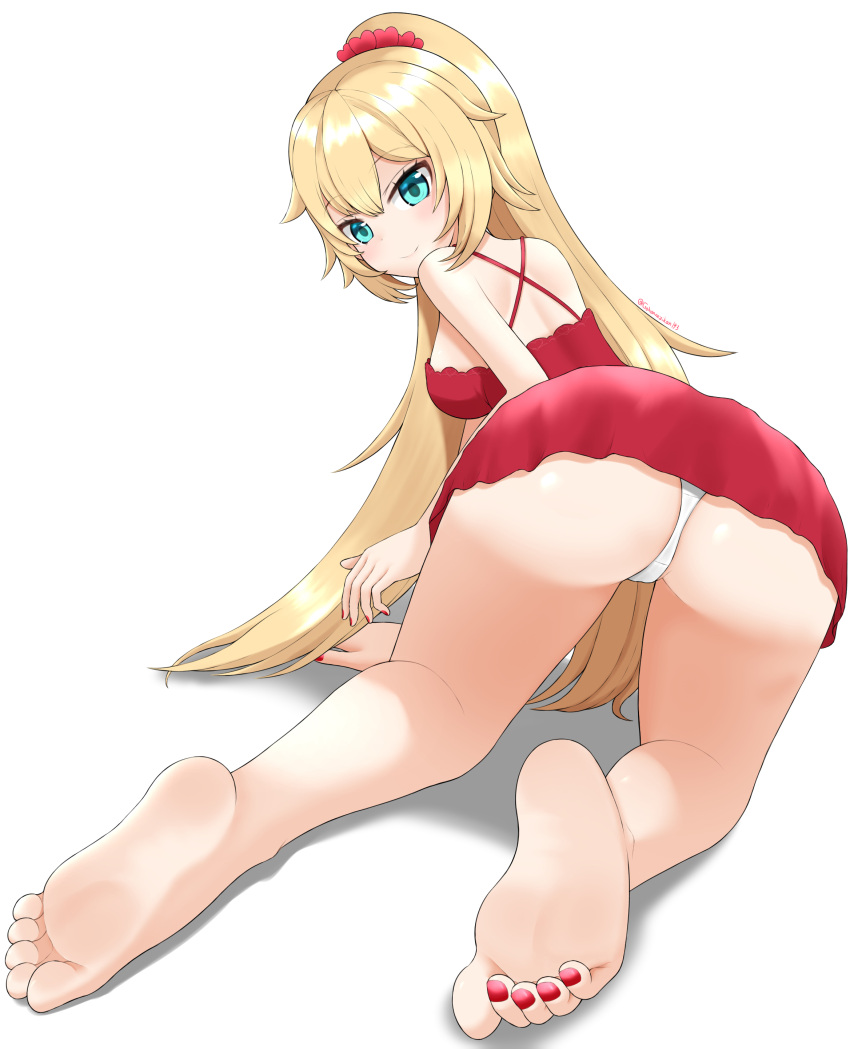 1girl absurdres akai_haato all_fours alternate_costume aqua_eyes ass bare_shoulders barefoot blonde_hair breasts closed_mouth commentary_request dress eyelashes feet foreshortening from_behind full_body hair_between_eyes highres hololive large_breasts legs long_hair looking_back nail_polish on_ground panties partially_visible_vulva red_dress red_nails shadow shiny_skin short_dress sidelocks simple_background sleeveless sleeveless_dress soles solo tamagotozi3420 toe_scrunch toenail_polish toenails toes twitter_username underwear very_long_hair virtual_youtuber white_panties
