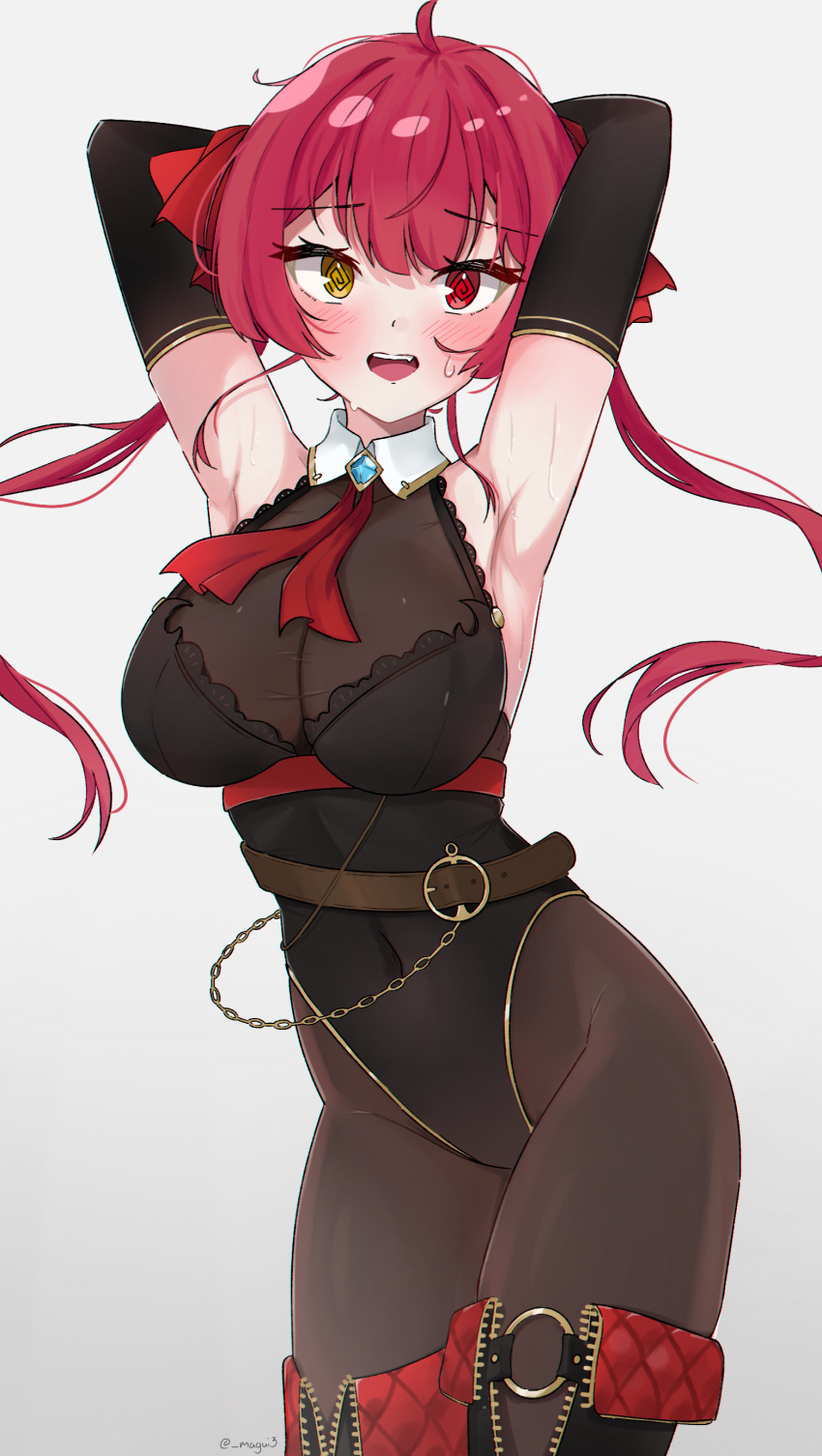 1girl @_@ absurdres armpits arms_behind_head arms_up black_footwear black_gloves black_leotard blush bodystocking boots breasts collar covered_navel detached_collar elbow_gloves gloves hair_ribbon heterochromia highres hololive houshou_marine houshou_marine_(marching_band) large_breasts leotard long_hair looking_at_viewer magui3 official_alternate_costume red_eyes red_hair red_ribbon ribbon smile teeth thigh_boots twintails upper_teeth_only virtual_youtuber white_background white_collar yellow_eyes
