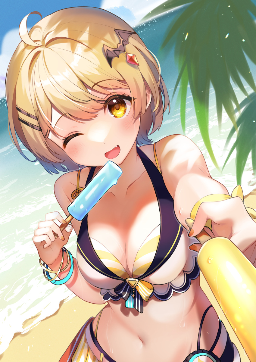 1girl ;d absurdres ahoge bare_arms bat_hair_ornament beach bikini bikini_skirt blonde_hair blue_skirt blush blush_stickers bracelet breasts commentary_request fang food front-tie_bikini_top front-tie_top hair_ornament hairclip highleg highleg_bikini highres holding holding_food holding_popsicle hololive hololive_summer_2023_swimsuit incoming_food jewelry large_breasts layered_bikini looking_at_viewer midriff navel ocean official_alternate_costume one_eye_closed open_mouth popsicle ribbon shinomiya_shino_(sinosino141) short_hair skirt smile solo striped striped_bikini sweat swept_bangs swimsuit very_sweaty virtual_youtuber white_bikini wrist_ribbon yellow_bikini yellow_eyes yozora_mel
