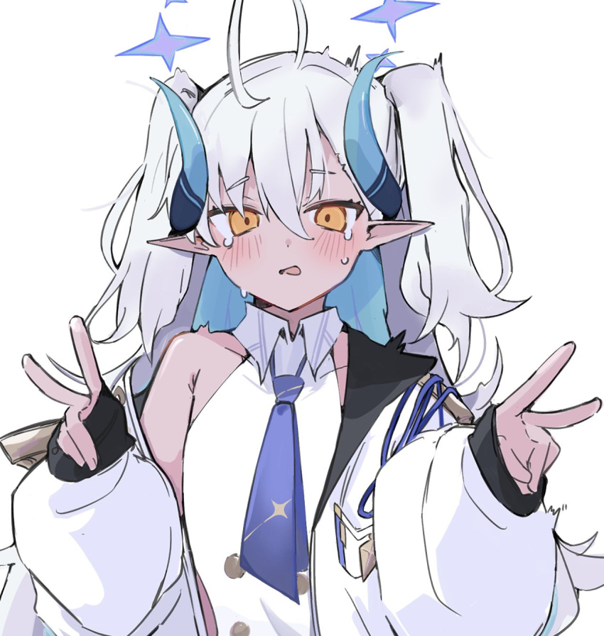 0ver_sd ahoge blue_archive blue_hair blue_necktie buttons choppy_bangs coat cropped_torso dark-skinned_female dark_skin double_v hair_between_eyes halo highres hip_vent horns light_blush long_hair multicolored_hair necktie open_mouth pointy_ears sketch sleeves_past_wrists sumomo_(blue_archive) tears twintails v very_long_hair white_coat white_hair white_unitard yellow_eyes