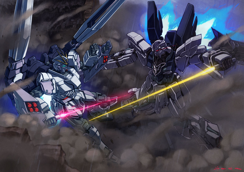 beam_rifle blue_eyes daue energy_gun eye_trail fighting flying glowing glowing_eye gundam gundam_narrative holding holding_sword holding_weapon light_trail mecha missile_pod narrative_gundam narrative_gundam_b-packs no_humans red_eyes robot shoulder_cannon sinanju_stein smoke sword thrusters v-fin weapon