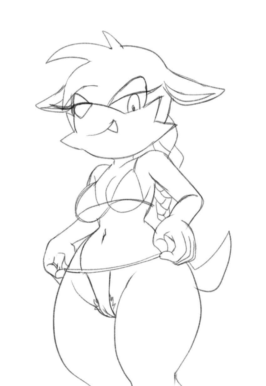 anthro archie_comics bikini camel_toe clothing dipodid female fours_(artist) hi_res jerboa looking_at_viewer low-angle_view mammal nicolette_the_weasel pubes rodent sega solo sonic_the_hedgehog_(archie) sonic_the_hedgehog_(comics) sonic_the_hedgehog_(series) swimwear tugging_clothing wide_hips worm's-eye_view