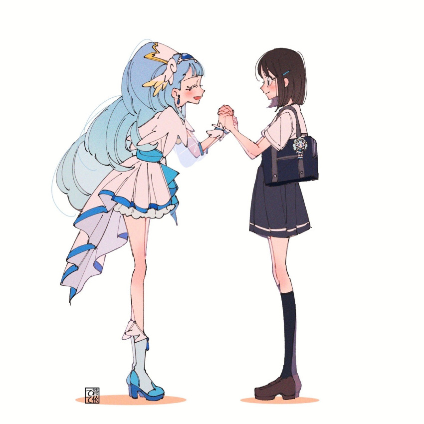 2girls artist_logo bag blue_hair blush boots brown_eyes brown_footwear brown_hair closed_eyes commentary_request cure_ange dress earrings eyelashes glasses hair_ornament hairclip happy high_heel_boots high_heels highres holding_hands hugtto!_precure jewelry kneehighs long_hair looking_at_another magical_girl multiple_girls open_mouth precure school_bag school_uniform shirt shoes short_hair simple_background skirt smile socks standing tete_a white_background white_dress white_shirt wrist_cuffs yakushiji_saaya