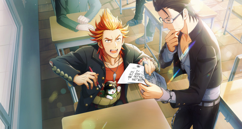 2boys 2others akai_suzaku black_hair cat desk fingernails glasses highres holding holding_paper idolmaster idolmaster_side-m idolmaster_side-m_growing_stars jewelry kurono_genbu long_sleeves male_focus multicolored_hair multiple_boys multiple_others necklace nyako_(idolmaster) official_art open_mouth orange_eyes orange_hair paper pen red_hair ring school_desk shoes sitting sneakers sunlight teeth