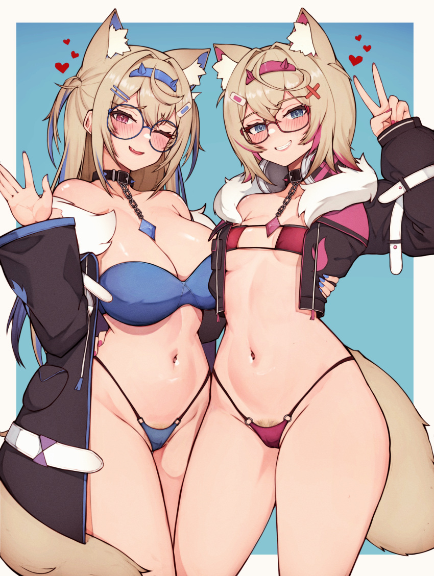 2girls animal_ear_fluff animal_ears blonde_hair blue_brooch blue_eyes blue_hair breasts dog_ears dog_girl female_pubic_hair fuwawa_abyssgard glasses hair_ornament hairband highres hololive hololive_english large_breasts mococo_abyssgard multicolored_hair multiple_girls pink_eyes pink_hair pink_hairband pubic_hair pubic_hair_peek siblings sisters small_breasts streaked_hair twins variant_set varniskarnis virtual_youtuber