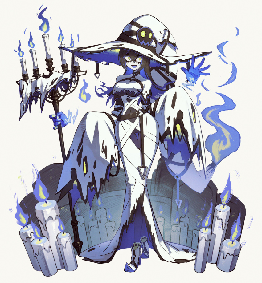 1girl :d @_@ black_hair blue_hair boots candelabra candle candlestand colored_inner_hair commentary ghost halloween hat high_heel_boots high_heels highres kuroi_susumu long_hair multicolored_hair original simple_background smile solo white_footwear white_headwear witch witch_hat yellow_eyes