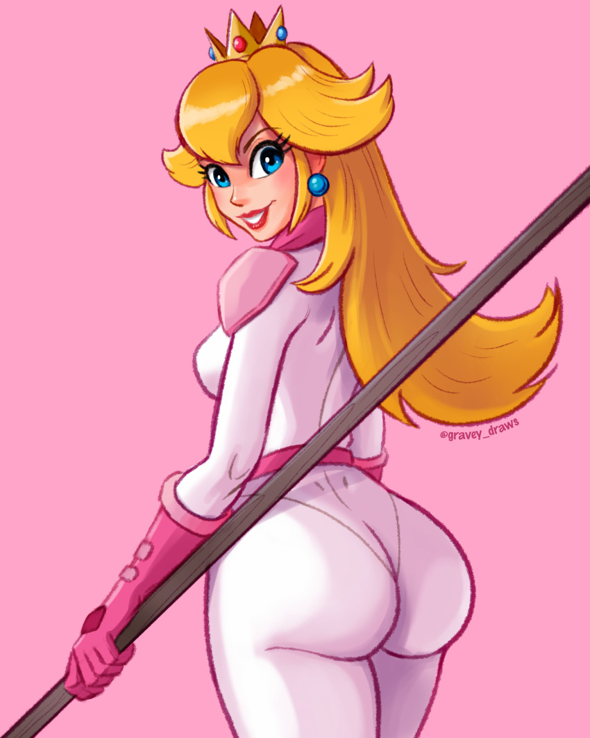 1girl absurdres artist_name ass ass_focus biker_peach blonde_hair bodysuit breasts crown earrings facing_away gloves gravey_draws highres huge_ass jewelry large_breasts legs long_hair looking_at_viewer looking_back mario_(series) parted_lips pink_background pink_bodysuit pink_gloves princess princess_peach sideboob simple_background smile solo the_super_mario_bros._movie thick_thighs thighs watermark weapon