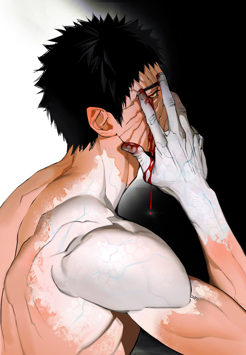1boy absurdres black_hair blood blood_on_face blue_octopus12 from_side glowing_veins gradient_skin hand_on_own_face highres looking_at_viewer male_focus naruto_(series) naruto_shippuuden nude profile red_eyes sanpaku sharingan short_hair sideways_glance solo spiked_hair thick_eyebrows toned toned_male uchiha_obito