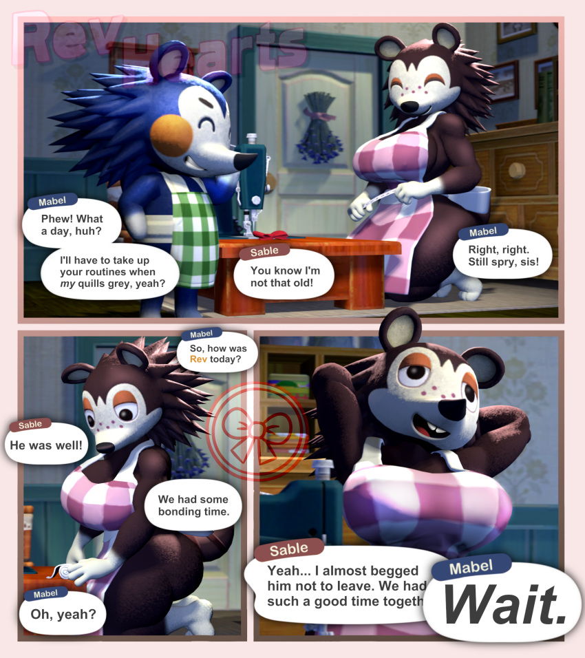 animal_crossing anthro apron apron_only blue_body blue_fur brown_body brown_fur clothing comic door duo english_text eulipotyphlan female fur furniture hands_behind_head hedgehog hi_res kneeling mabel_able mammal mostly_nude nintendo revhearts sable_able sewing_machine smile speech_bubble standing table tape_measure text watermark